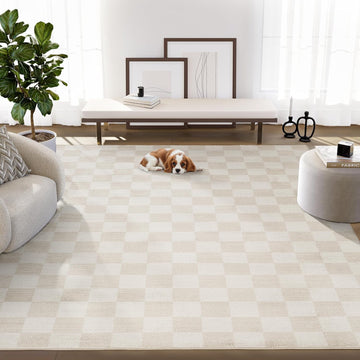 Plush Deco Collection Cream Area Rug - Checkered Pattern, Machine Washable, Non-Shedding, Easy to Clean