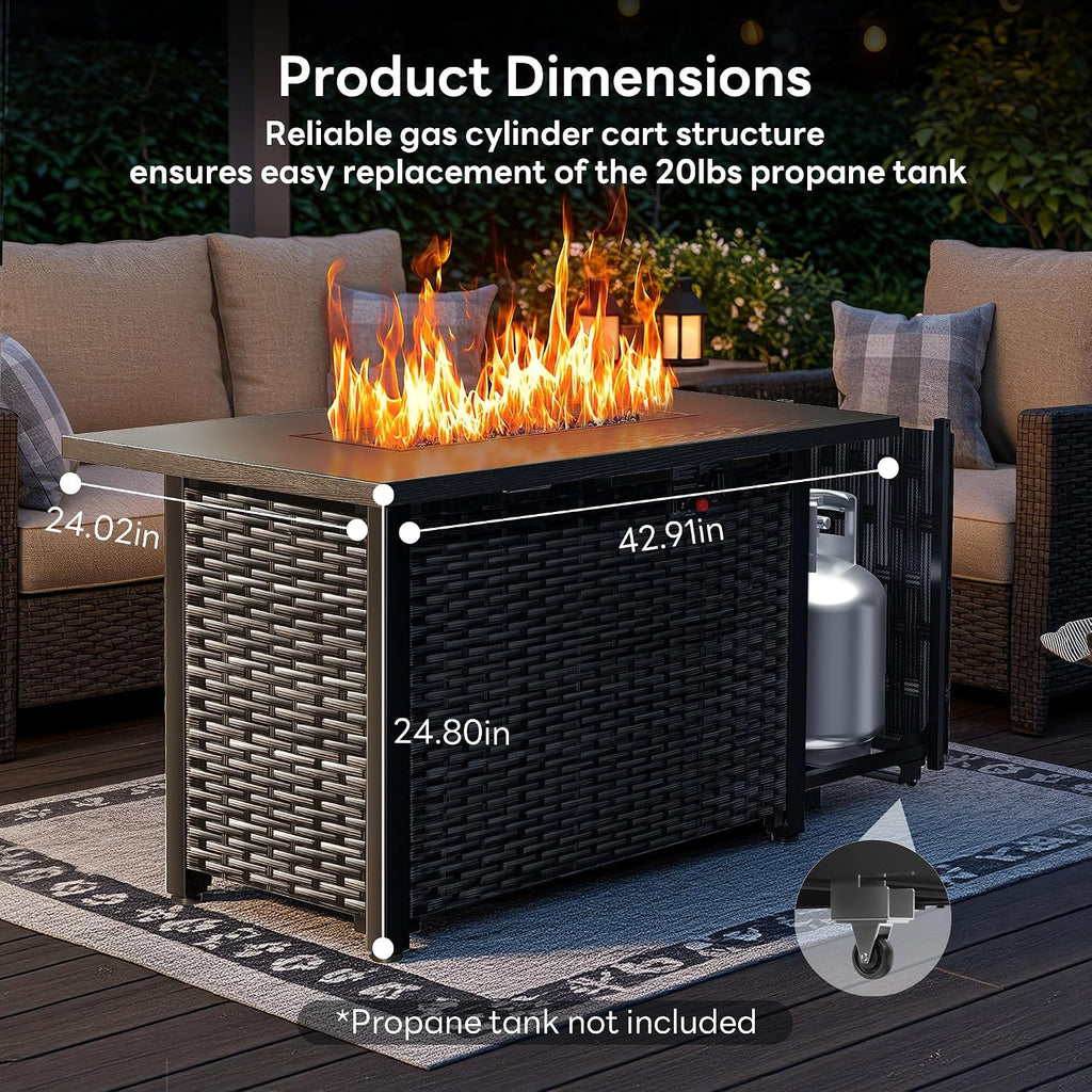 43" 4-in-1 Propane Fire Pit Table, 50,000 BTU, CSA Certified | Rattan Gas Fire Pit Table with Lid, Blue Fire Glass