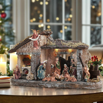 Nativity Scene Set with LED Lights,15.3" Resin Holy Family Character Stables Sculpture Manger Figurine for Indoor