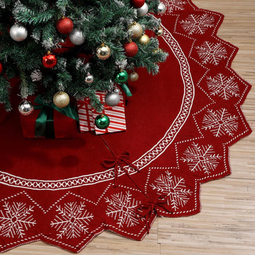 60inch Extra Large Christmas Tree Skirt Wavy Edged Reversible Knitted Tree Skirt Burgundy & Snowflake Pattern Thick