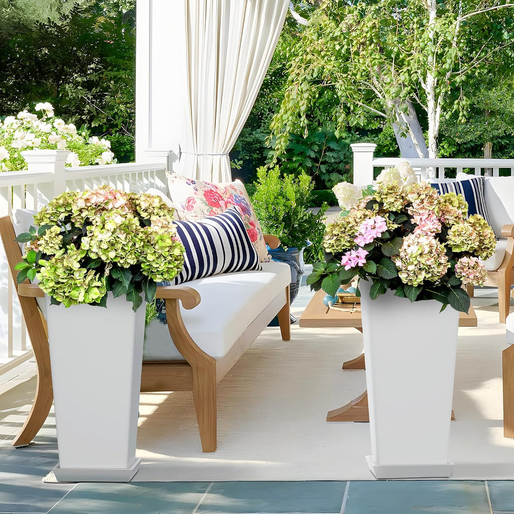 Set of 2 Tall Planters, 24" Large Indoor Outdoor Flower Pots with Tray, Modern Tapered Planters for Porch, Patio