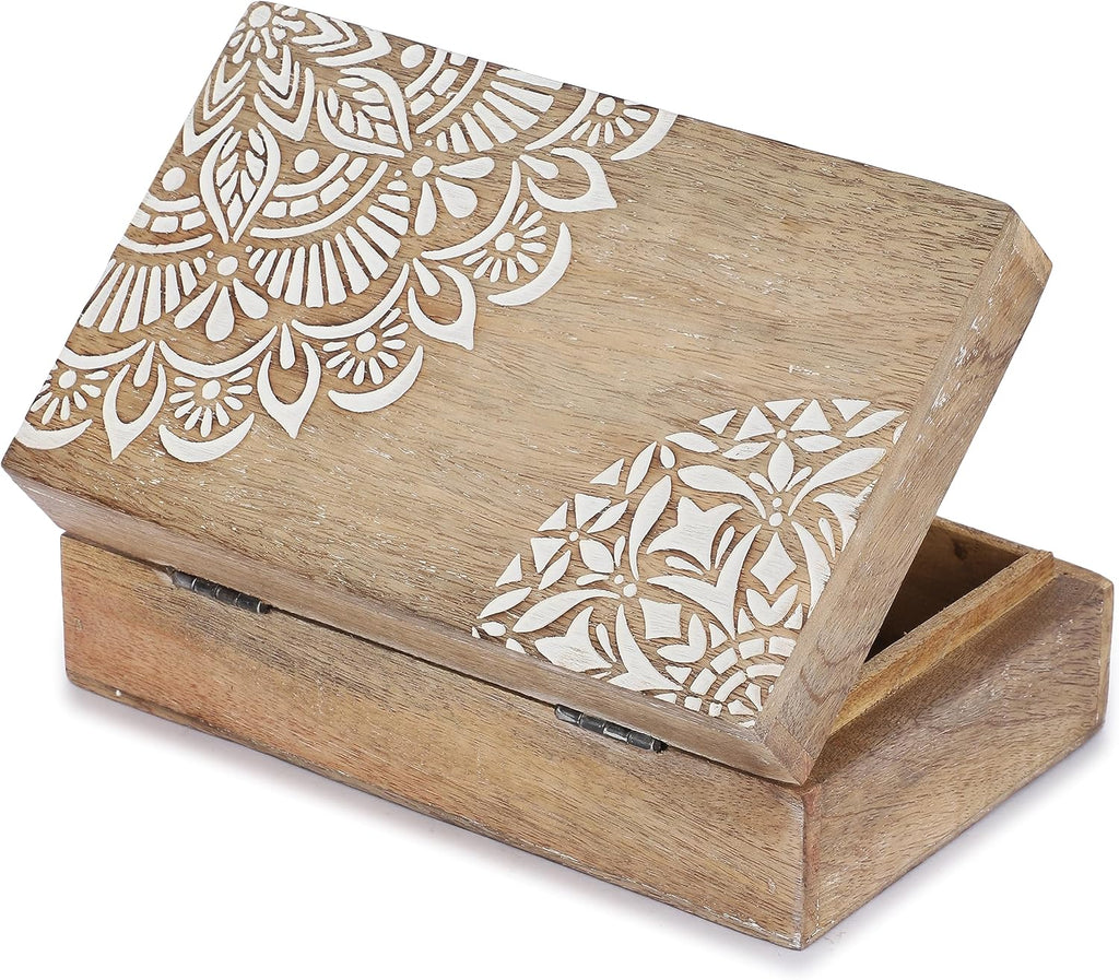 Wooden Jewelry Box Corner Flower Carved Keepsake Treasure Chest