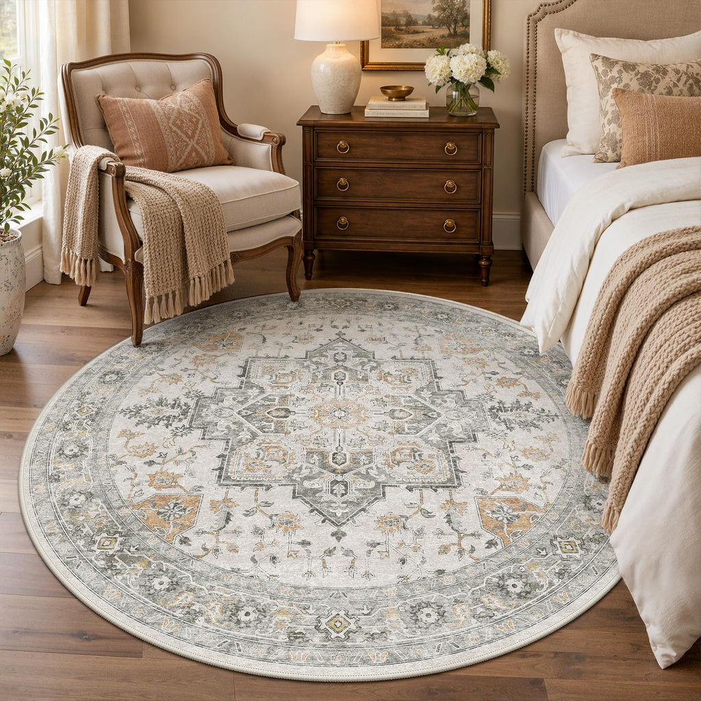 5 Ft Washable Round Area Rugs, Gray Beige