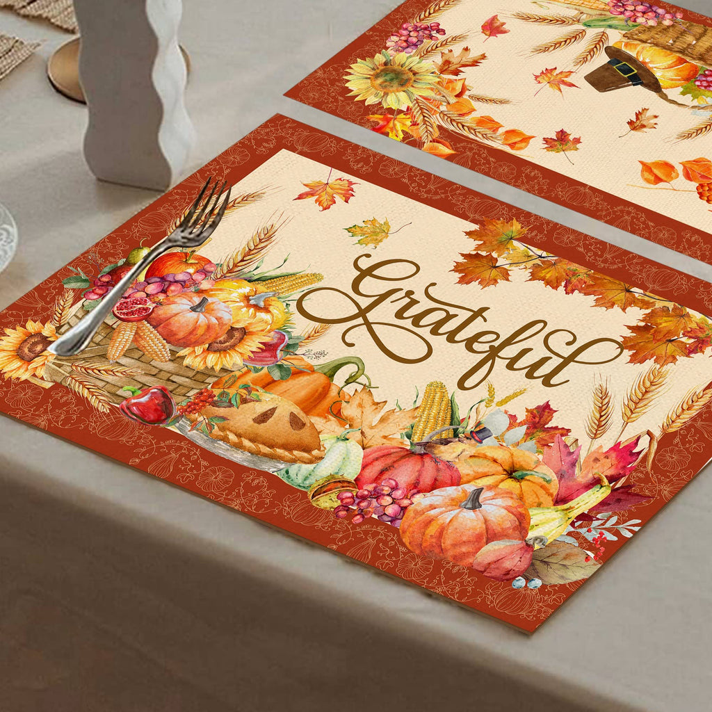Thanksgiving Placemats Set of 6, Turkey Holiday Placemats Set of 6 12x18 Inch for Dining Table, Thanksgiving Place