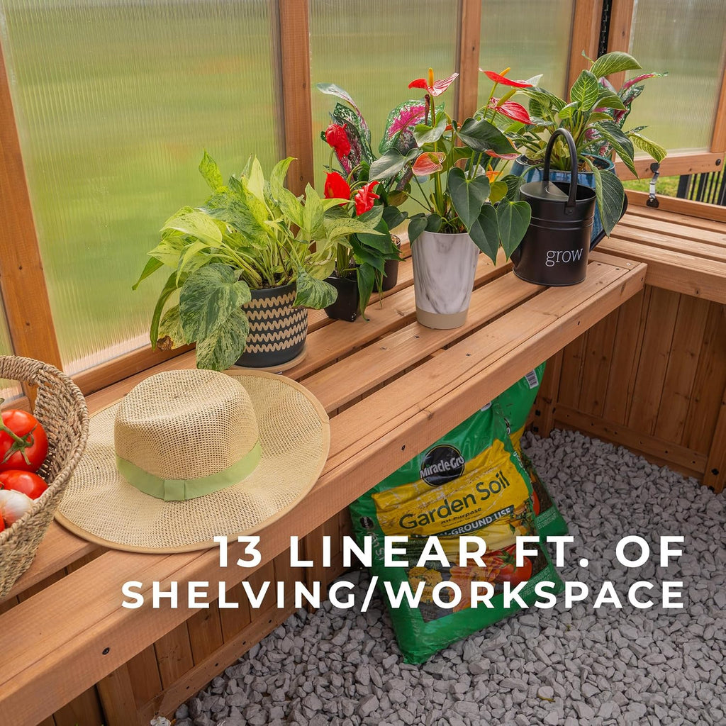 Discovery Willow 9' x 6' Cedar Wood and Polycarbonate Walk-in Greenhouse Kit with Exhaust Fan, Windows, Hose