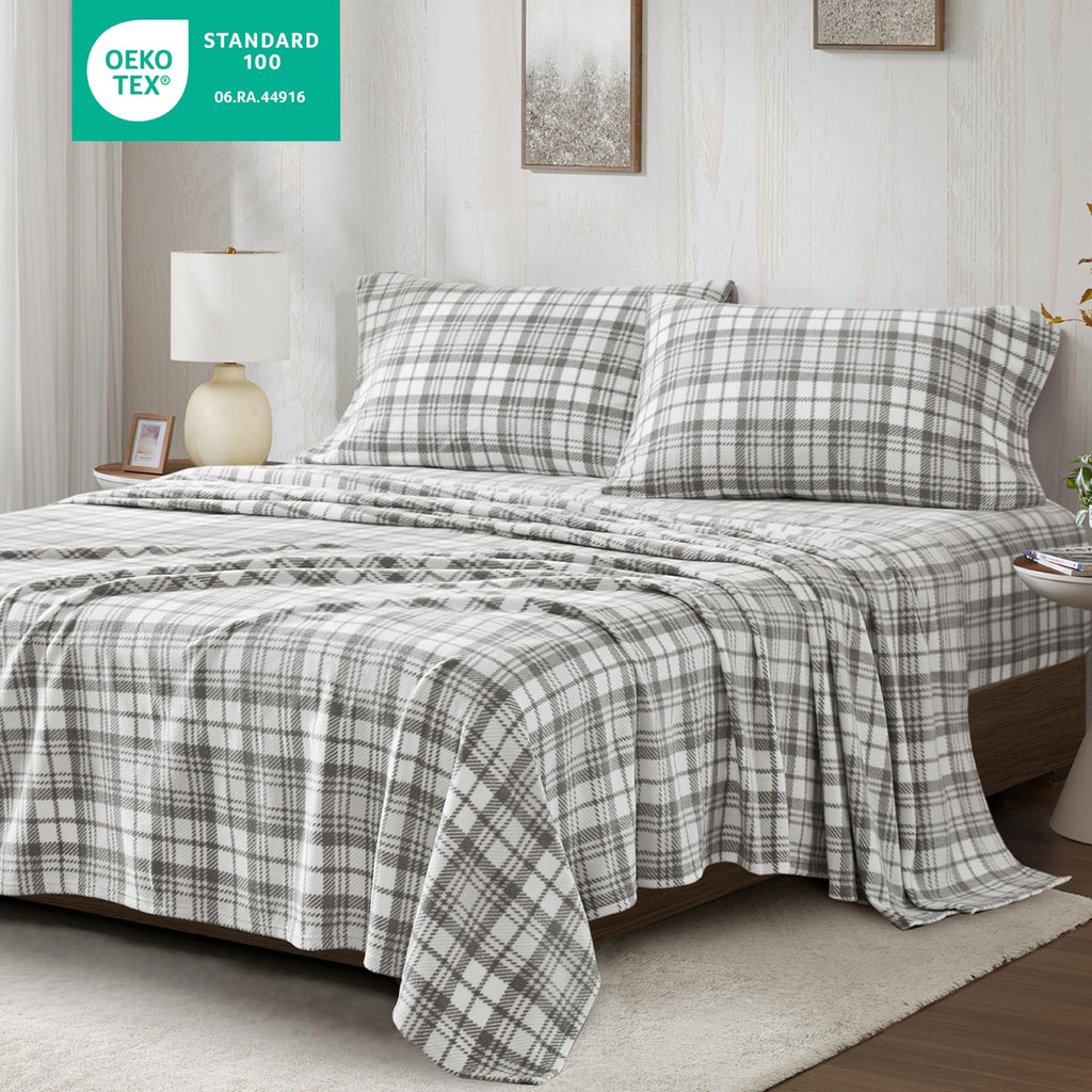 Sleep Philosophy Micro Fleece Sheets Bed Set 3 Piece, Grey Plaid