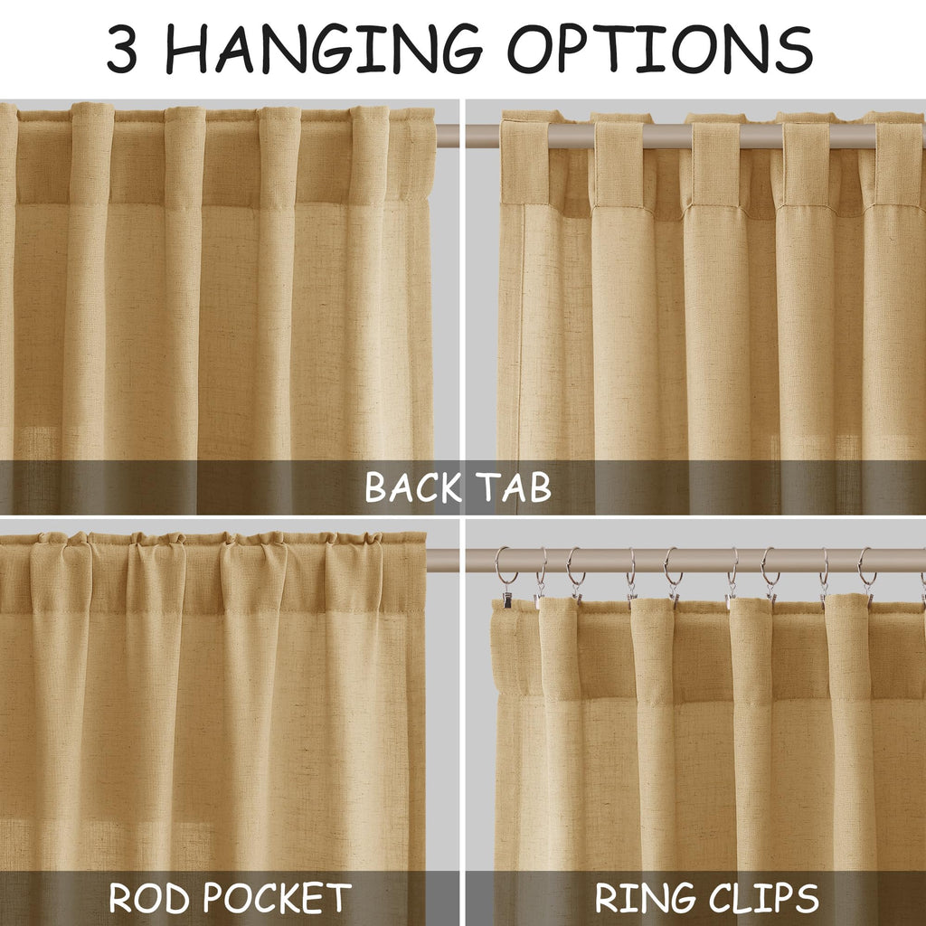 Extra Long Gold Yellow Linen Curtains 120 Inch 2 Panels Set Rod Pocket Back Tab Linen Window Drapes Semi Sheer Light