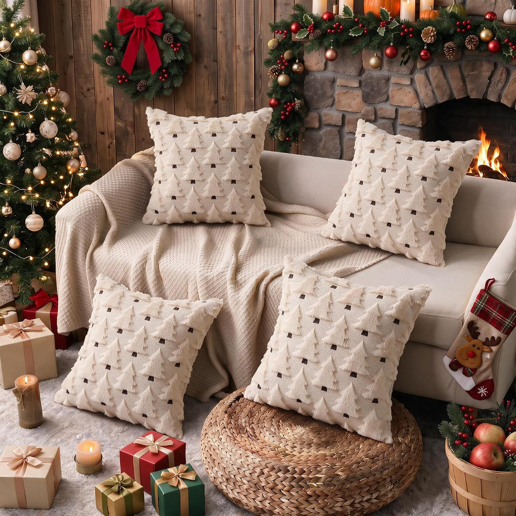 Christmas Throw Pillow Covers 18x18 inch, Beige Xmas Tree Holiday Winter Living Room Soft Fluffy Plush Faux - Set of 4