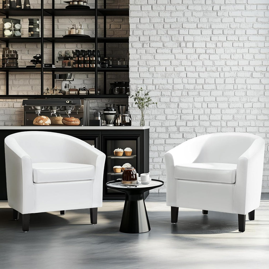 Accent Chairs, Faux Leather Barrel Armchairs White - Set of 2
