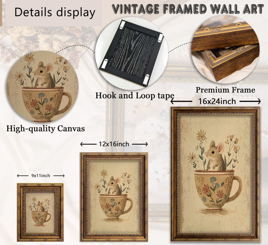 Vintage Gold Framed Mouse Wall Art, Rat in Floral Teacup Canvas Print, Cottagecore Whimsical Animal Picture Wall