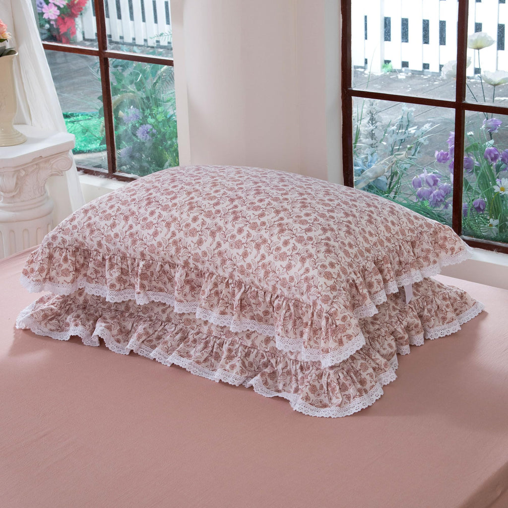 Blush Floral 100% Washed Cotton Sheets Set, 4 Piece Vintage Ruffle Bed Sheets with Lace Trim, Shabby Pink French