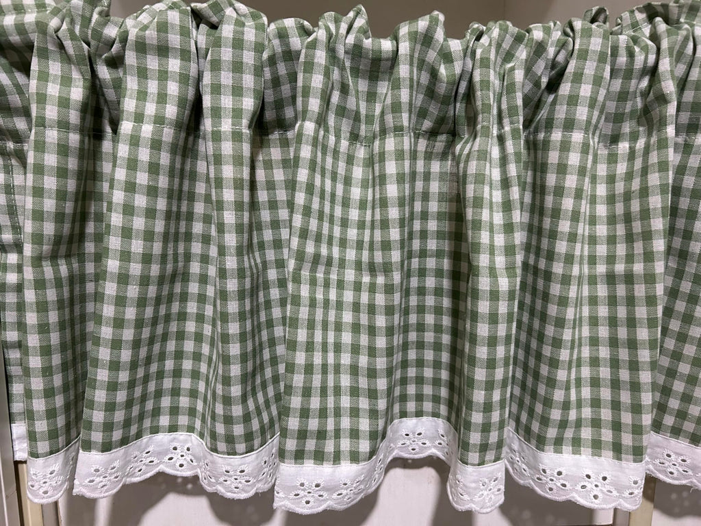 Short Curtain for Small Window Cotton Farmhouse Rustic White Green Plaid Check Gingham White Lace Window Treatment