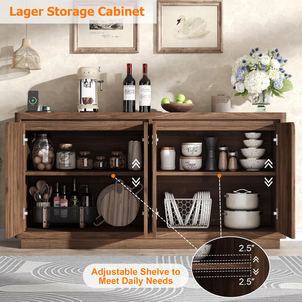 63" Buffet Cabinet with Storage & Power Outlet, Wood Sideboard Credenza with Double-Arc Doors, Modern Coffee Bar