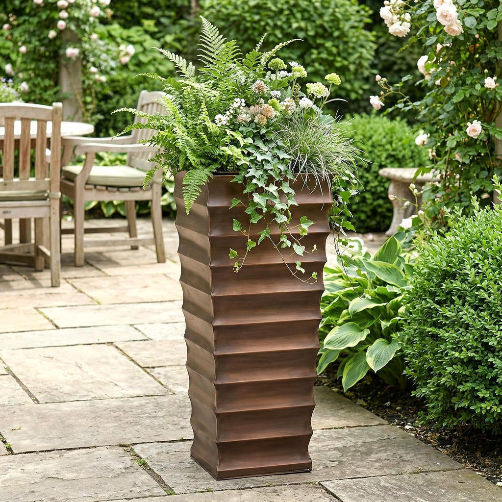 Planter - 36" Tall Antique Copper Finish - Drainage Hole | Outdoor Indoor Garden Pot, Metal Front Entryway Flower