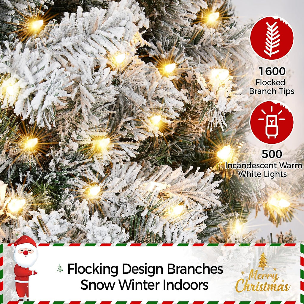 Pre-lit Snow Flocked Pencil Christmas Tree, Green & White