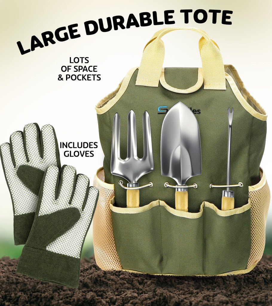Premium Gardening Kit for Women - 10 Stainless Steel Tools with Ergonomic Handles, Tote Bag, Kneeling Pad, Shears