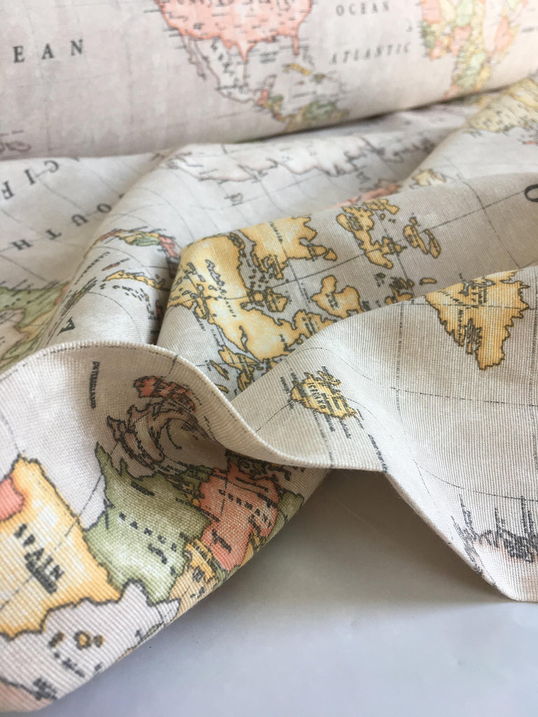 Beige World Map 3 Designer Curtain Upholstery Cotton Fabric Material - Globe Print - 55 inches Wide - Beige (Sold by