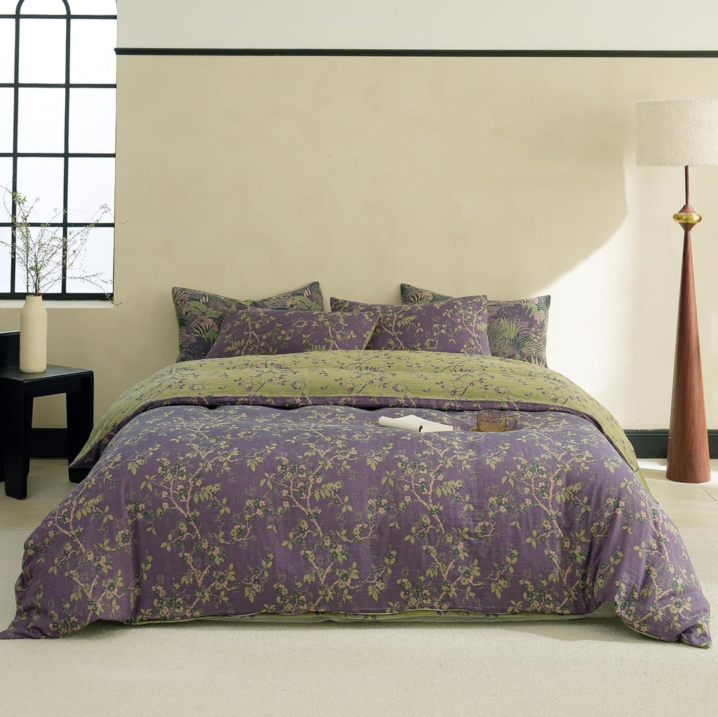 Muslin Duvet Cover Set Queen, 100% Washed Cotton 3 Pieces Yarn-Dyed Vintage Floral Jacquard Textured Bedding, Soft &