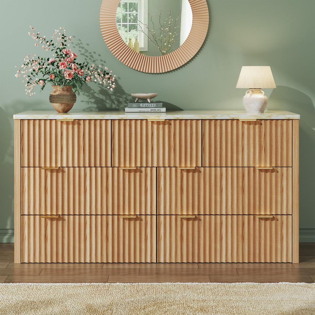 Fluted Dresser with 7 Drawers, 53" Wide Mid Century Modern Dressers with Faux Marble Top & Metal Handle, Wooden Chest