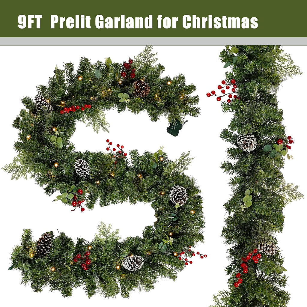 Prelit Christmas Garland 9 ft with Lights - Red Style Pre lit Garland for Christmas Holiday Decorations. Thick Branch
