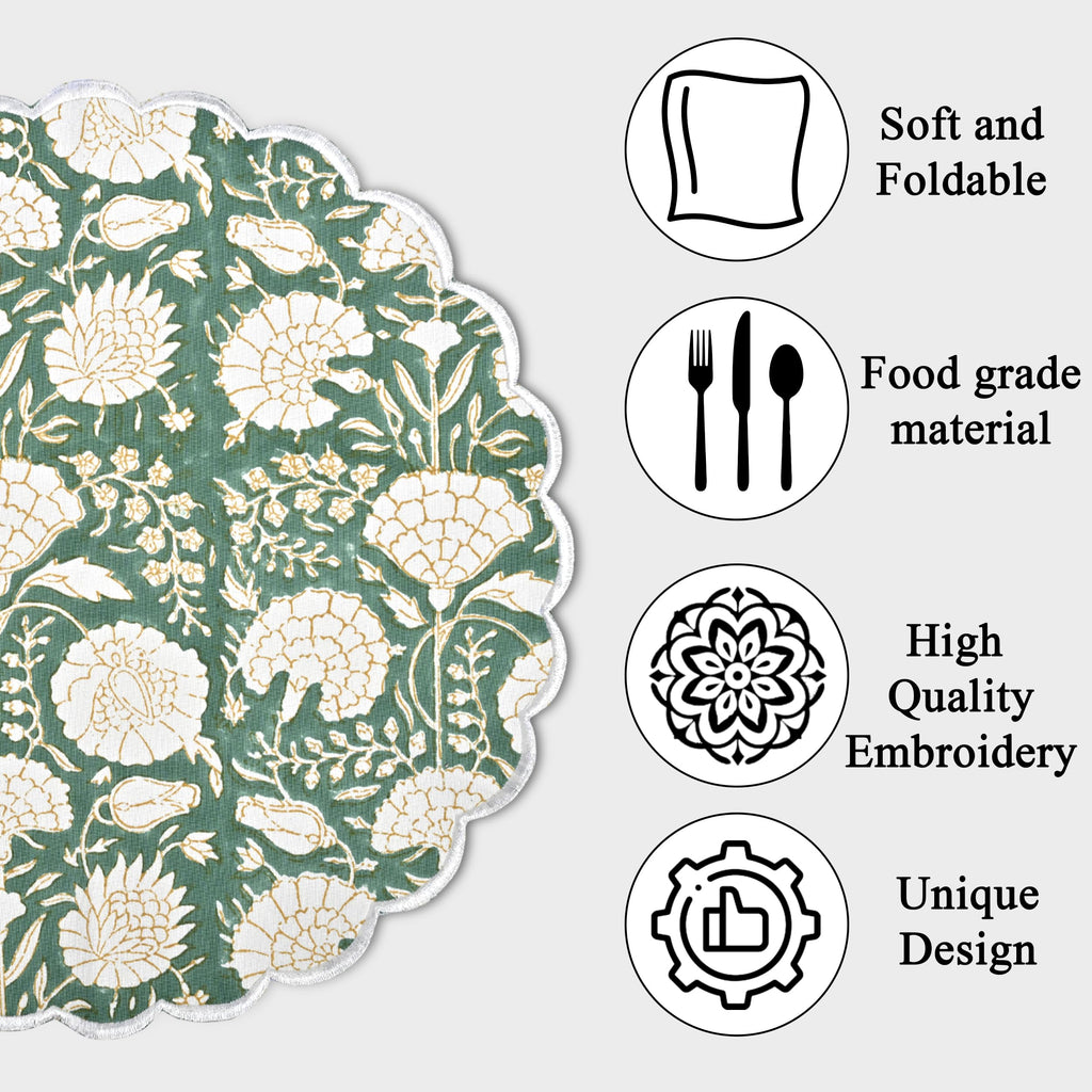Floral Block Print Round Placemats 15 Inch, Set of 4, Moss Green