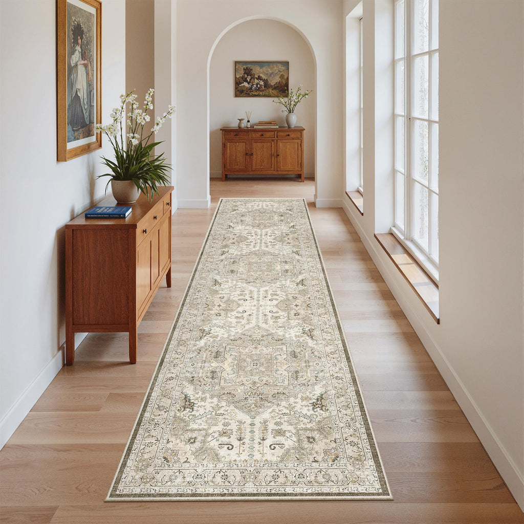 Hallway Runner Rug 2x8 Washable Kitchen Rugs Non-Slip, Ivory/Brown