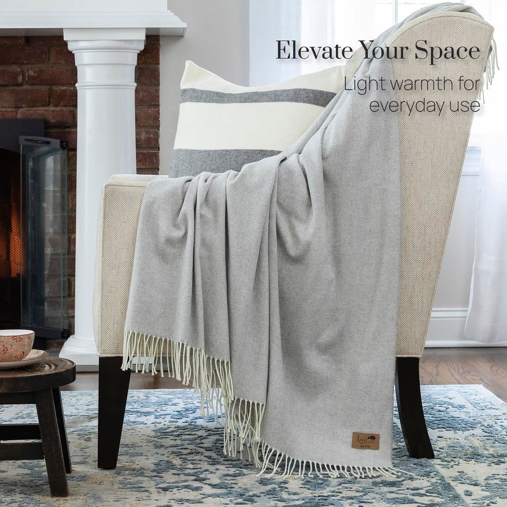 Cotton Throw Blanket - Blue Denim Italian Woven Herringbone Throw Blanket with Fringe - Luxury Decorative Throw for