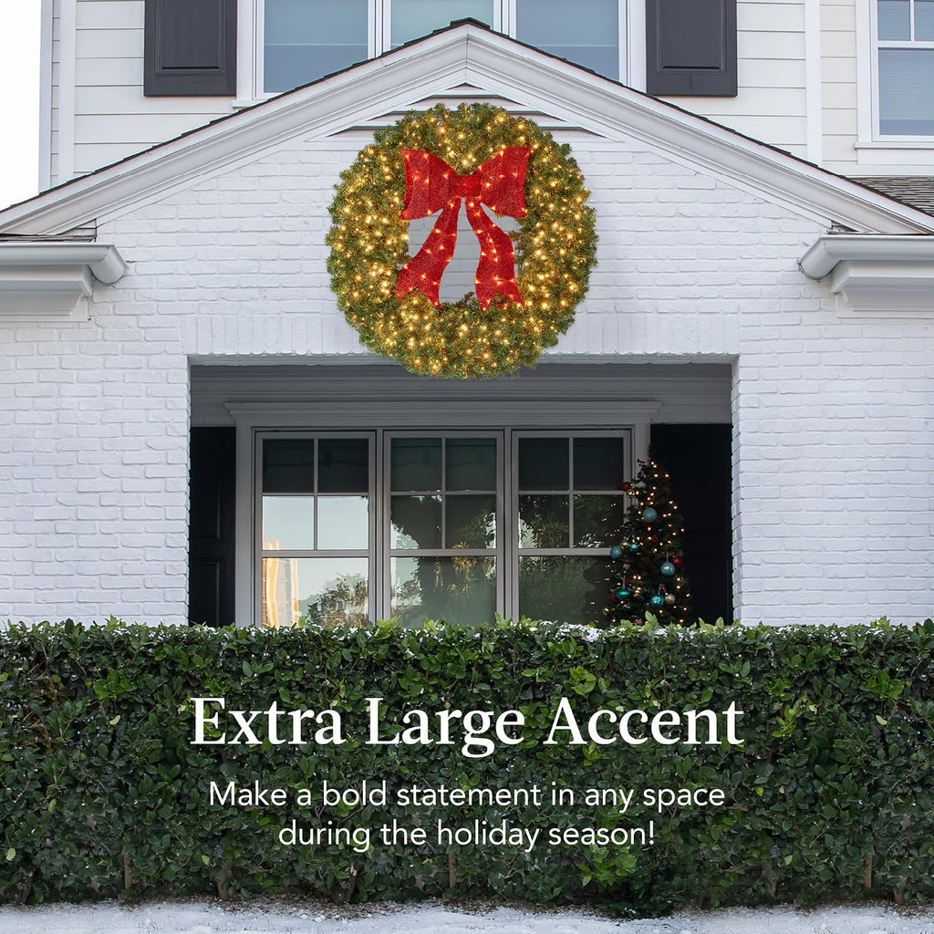 24in Large Artificial Pre-Lit Fir Christmas Wreath Holiday Accent Decoration for Door, Mantel w/Red Lighted Bow, 70