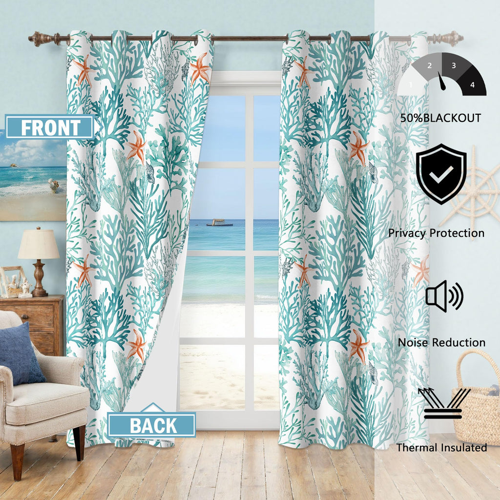 Coastal Beach Curtains 2 Panels Set Nautical Ocean Patterned Themed Thermal Insulating 50% Light Blocking Room