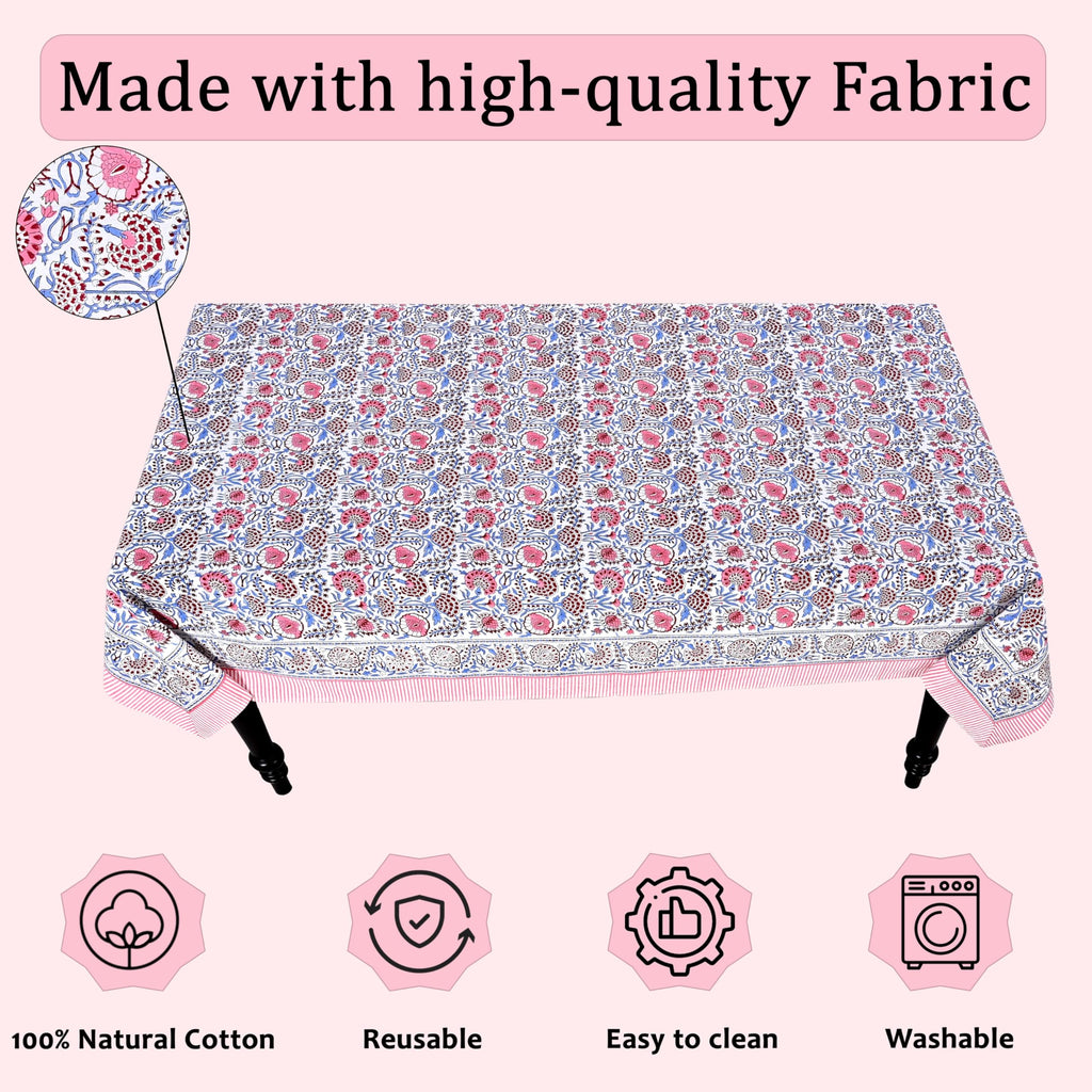 Blue & Pink Hand Block Print Square Tablecloth 60x60 Inch