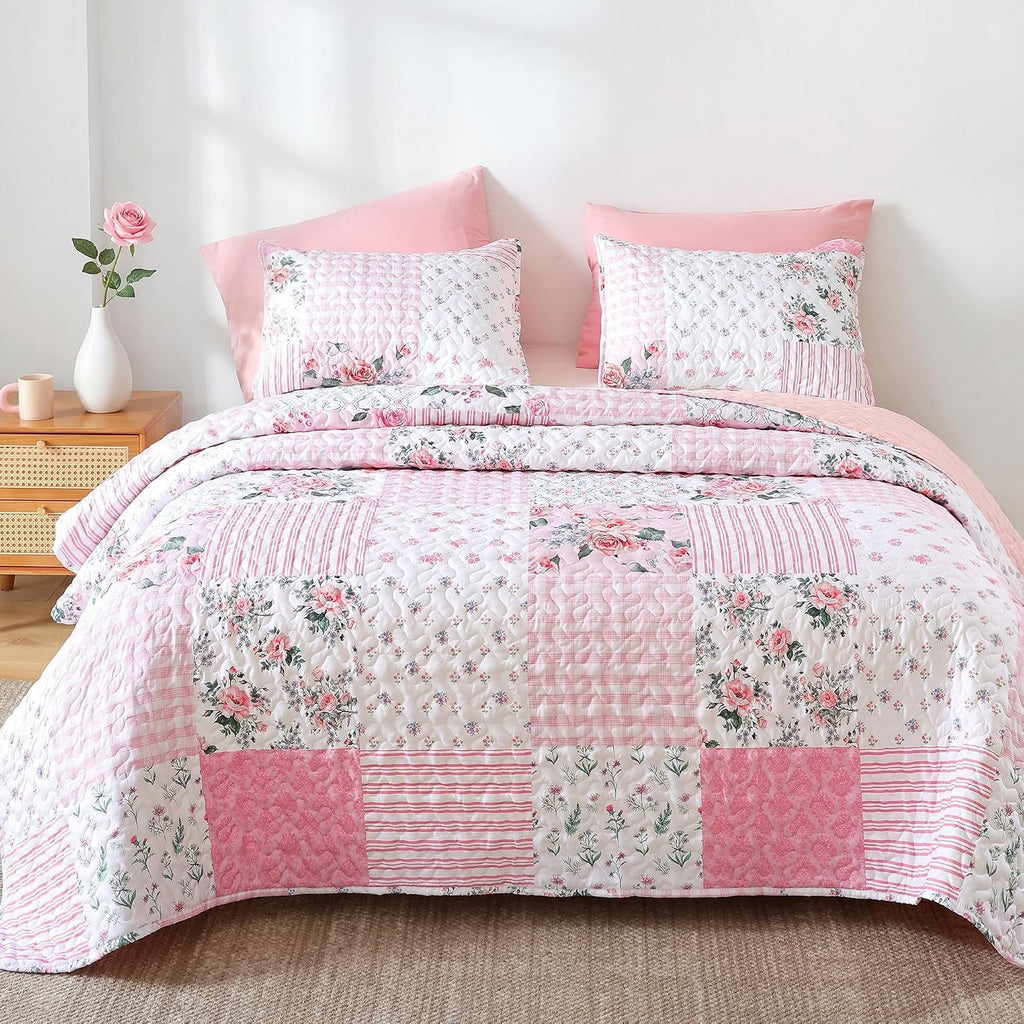 Floral Quilt Set Queen - Ultra Soft Lightweight Bedspread, 3 Piece Pink Bedding Set (90"x90") with Pillowcases