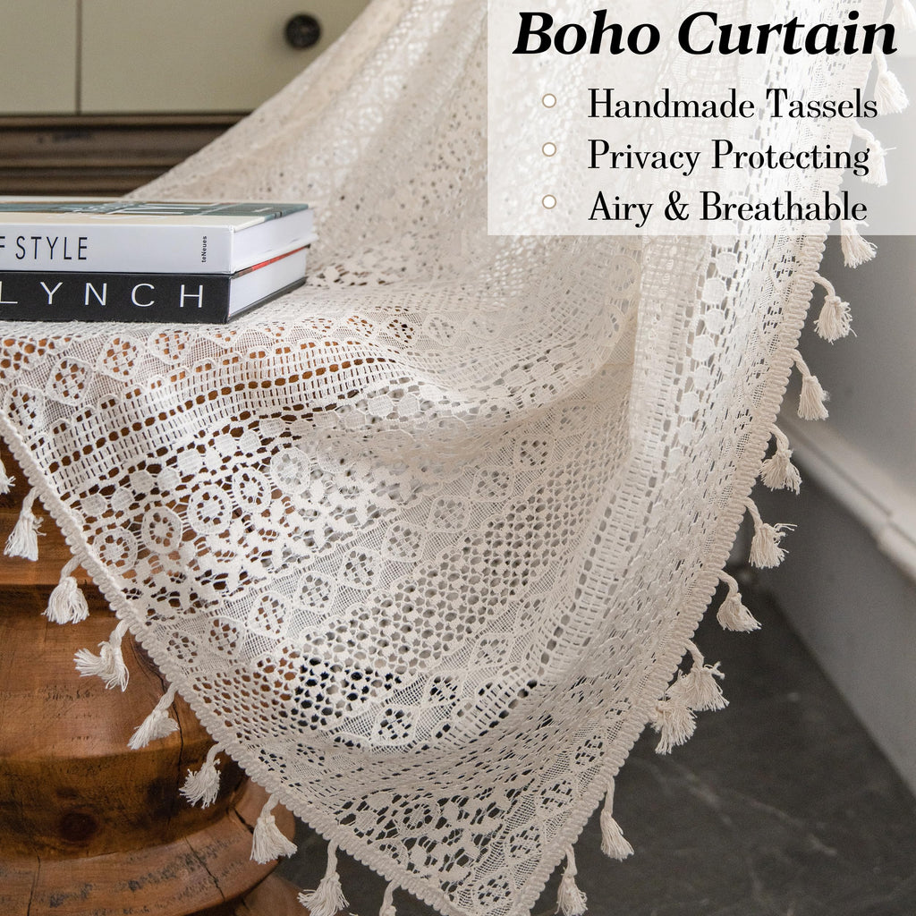 Beige Boho Lace Sheer Curtains 84 inches Long, Crochet Macrame Semi-Sheer Bohemian Drape with Tassels, Cream Farmhouse