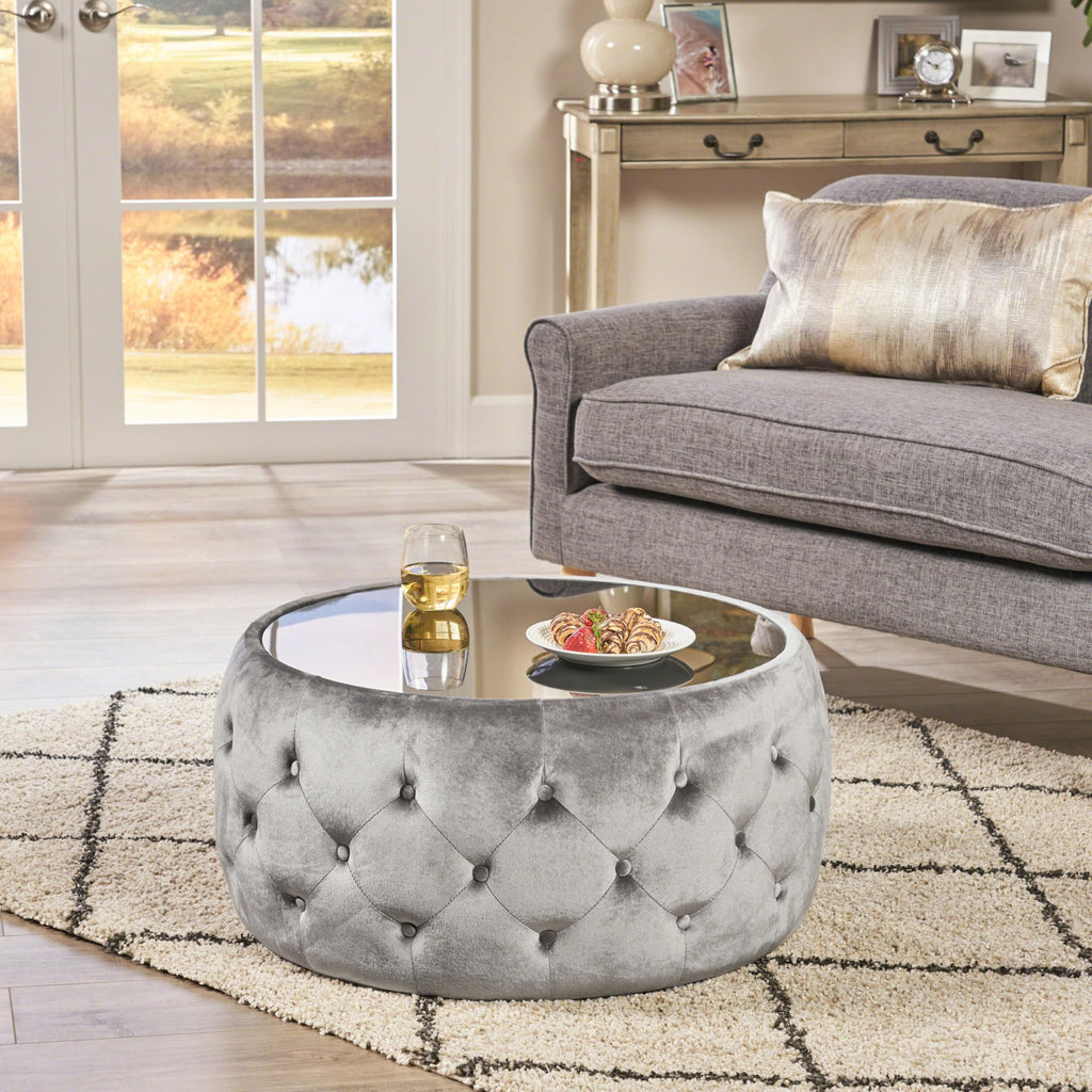30" Round Velvet Ottoman Coffee Table, Button Tufted Coffee Table with Tempered Glass Top Modern Upholstered Tufted