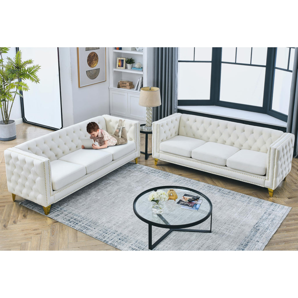 80.5" 2 Piece 3-Seater Velvet Chesterfield, Combination with 4 Pillows, Button Tufted Trimming Curved Backrest Rolled