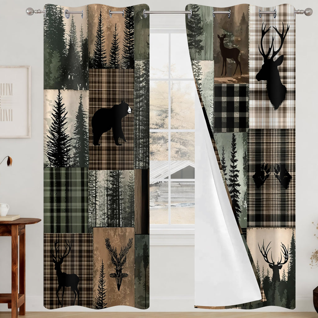 Rustic Cabin Bear Deer Forest Blackout Curtains, 2 Panels 42x84 Inch