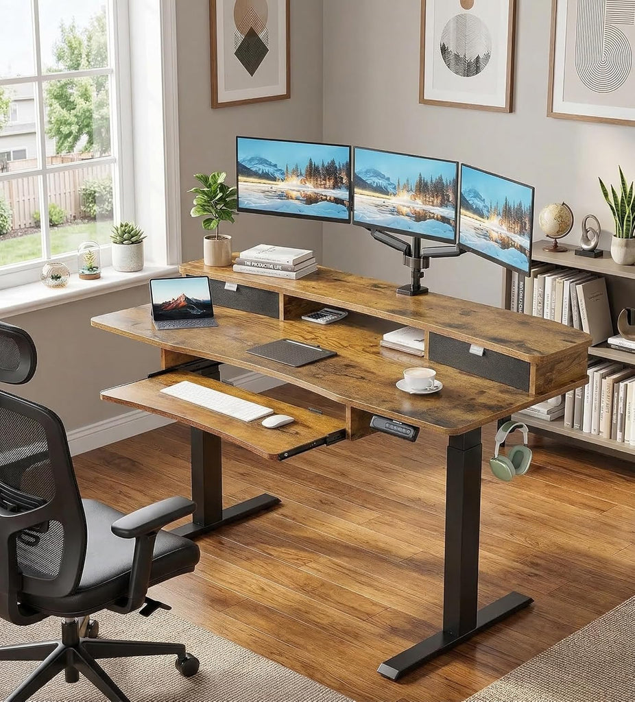 55" x 26" Electric Standing Desk, 2 Drawers & Keyboard Tray, Vintage | Ergonomic Desk with 2 Drawers: 27.9"-46.8"