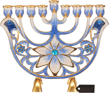 Hand Painted Blue and Ivory Flower Candelabra, Embellished