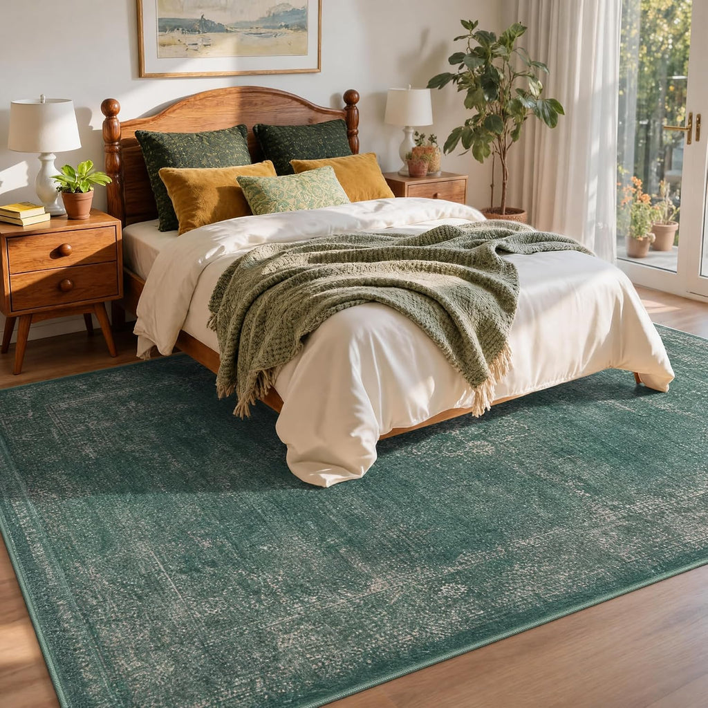 Green Distressed Area Rug 5x7 Vintage Boho Medallion Rugs Washable Bedroom