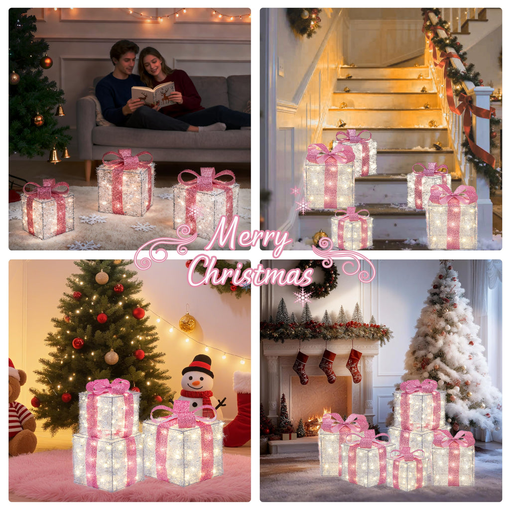 Christmas Decorations, 140 LEDs Set of 3 Lighted Gift Boxes with Silver Tinsel and Pink Bows, Warm White Present