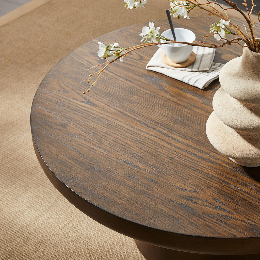 Round Wood Coffee Table Modern Circle Coffee Table Pedestal Center Table, Easy Assembly Brown