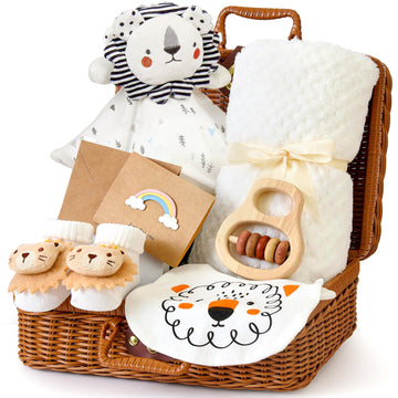 Baby Shower Gifts for Boys Girls Newborn Baby Gifts Basket with Lion Lovey/Blanket/Wooden Rattle/Socks/Bib/Suitcase