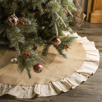 Christmas Tree Skirt, 48 inches Natural Burlap Jute with Ruffle Edge, Rustic Xmas Holiday Decoration