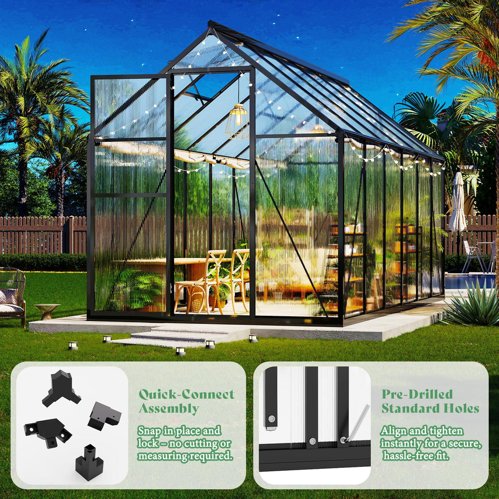 6x16 FT Walk-in Polycarbonate Greenhouse with 2 Top Windows