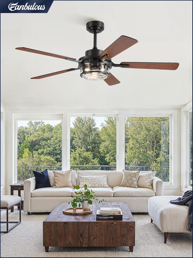 52 Inch Ceiling Fan with Light and Remote,Downrod Mount Farmhouse Ceiling Fan , Quiet 6-Speed Reversible DC Motor