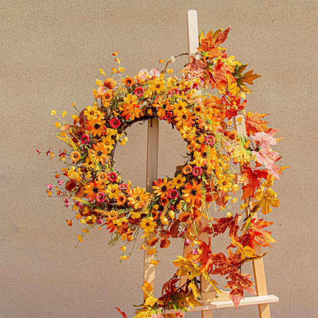 Fall Wreaths for Front Door 22 Inch Artificial Fall Wreath Orange Autumn Wreath with Berries and Eucalyptus Leaves