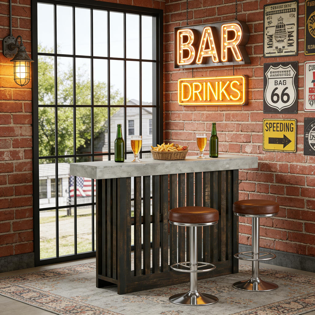 63" Long Bar Table - Counter Bar Height Pub Table with 2 Tier Storage Shelves, Modern Coffee Breakfast Bar Unit