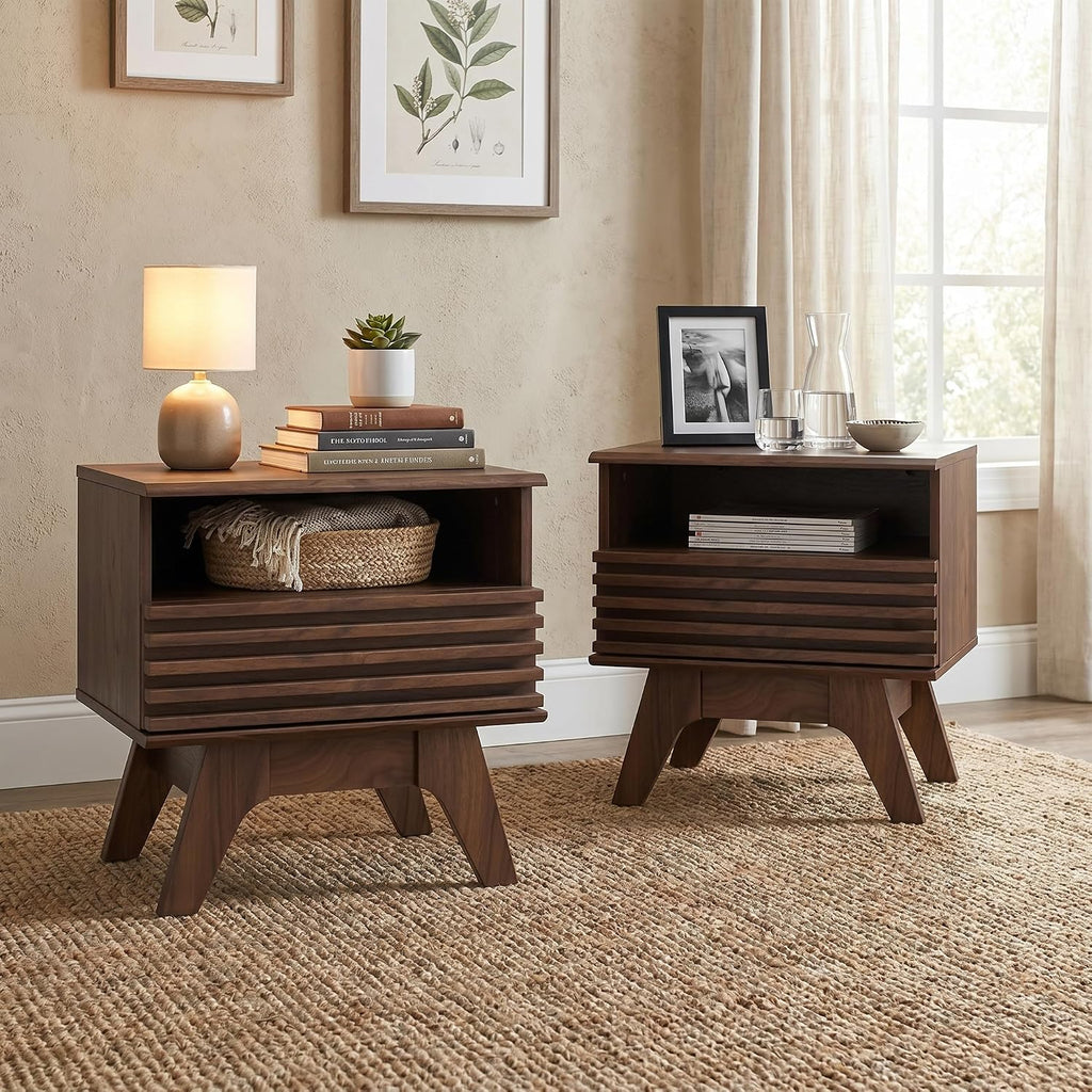 18.9" Wide Fluted Nightstand Set of 2, End Table with Drawer and Open Shelf, Mid Century Modern Side Tables with