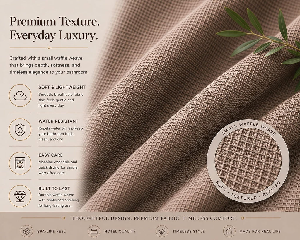 Hotel Style Waffle Weave Shower Curtain, Textured Fabric Shower Curtain, Water Resistant Polyester with Stitched Hook