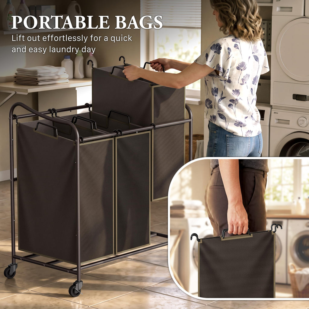 Heavy Duty 3-Bag Laundry Sorter Rolling Cart, Bronze