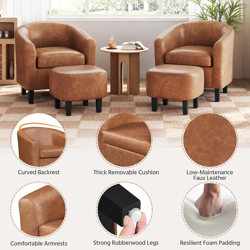 Accent Chairs with Ottoman, Faux Leather Barrel Chairs, Brown